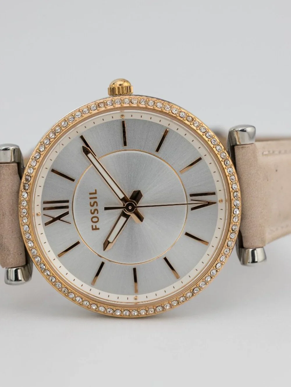 Fossil ES4484 Silver Sunray Dial Leather Quartz Analog Women's Watch New Battery